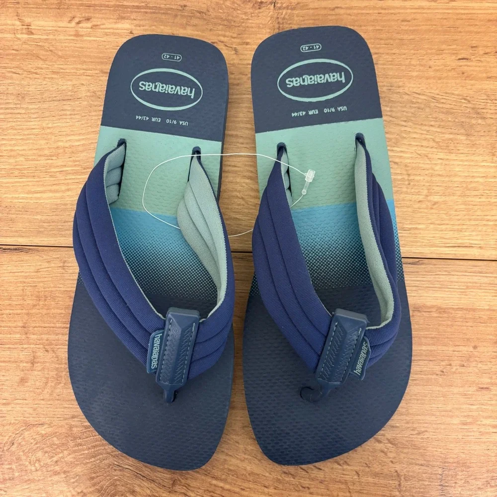 HAVAIANAS Urban Print Flip Flop Navy Blue Stripe Men Size 9/10 Pool Cotton Strap
